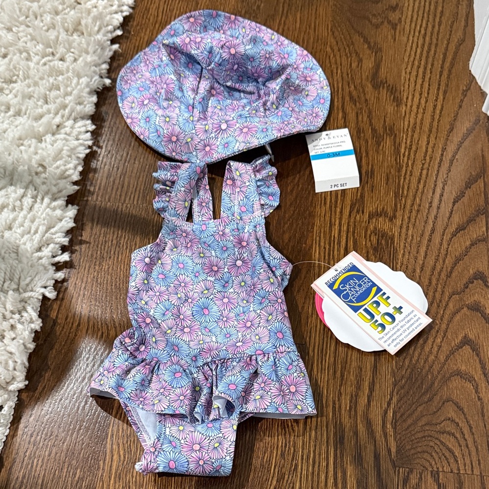 NWT UPF 50+ Andy & Evan Purple Floral Baby Swimsuit Set